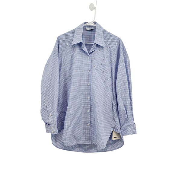Sandro Women's Rhinestone Embellished Cotton Button Down Plaid Shirt - Picture 1 of 9